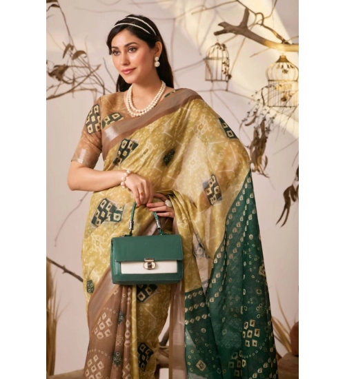 Generic Women's Faux_Linen Printed Saree With Unstitched Blouse 5.5Mtr (Mustard)