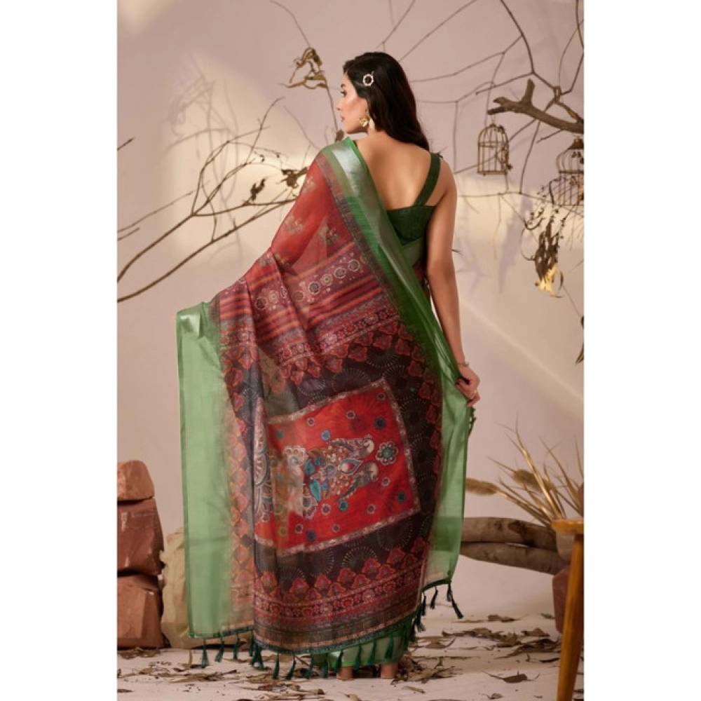 Generic Women's Faux_Linen Printed Saree With Unstitched Blouse 5.5Mtr (Maroon)
