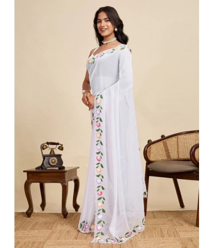 Generic Women's Georgette Printed Saree With Unstitched Blouse 5.5Mtr (White)