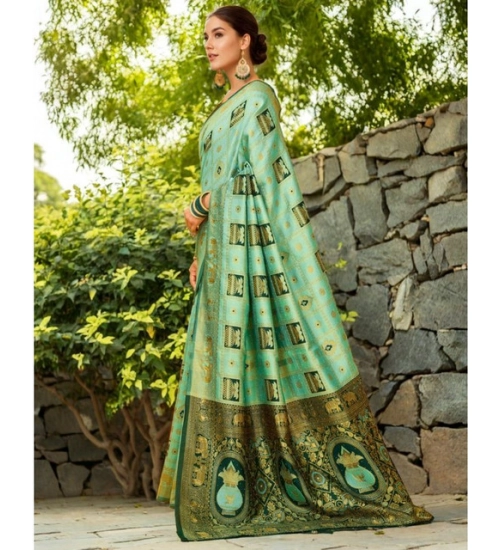 Generic Women's Silk Blend Woven Zari Work Saree With Unstitched Blouse 5.5Mtr (Mint Green)
