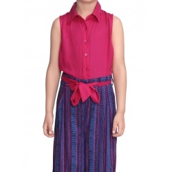 Generic Girl's Rayon Colour Block Sleeveless Jumpsuit (Pink-Blue)