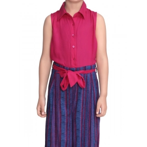 Generic Girl's Rayon Colour Block Sleeveless Jumpsuit (Pink-Blue)