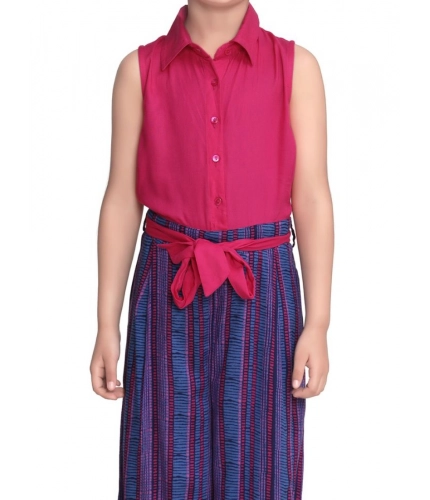 Generic Girl's Rayon Colour Block Sleeveless Jumpsuit (Pink-Blue)