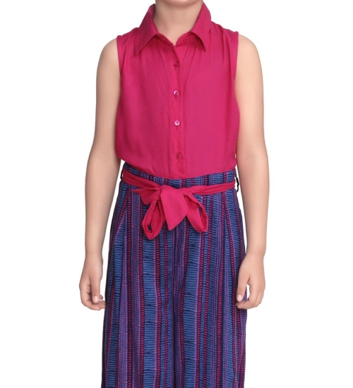 Generic Girl's Rayon Colour Block Sleeveless Jumpsuit (Pink-Blue)