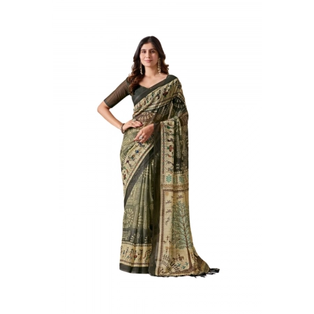 Generic Women's Georgette Printed Saree With Unstitched Blouse 5.5Mtr (Olive)