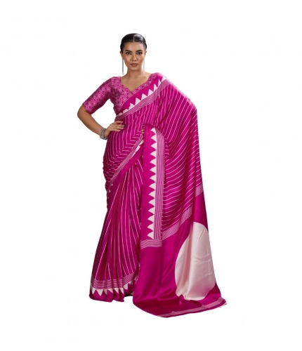 Generic Women's Satin Crepe Printed Saree With Unstitched Blouse 5.5Mtr (Pink)