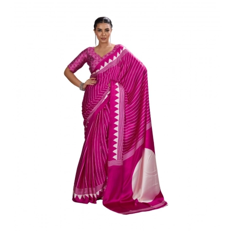 Generic Women's Satin Crepe Printed Saree With Unstitched Blouse 5.5Mtr (Pink)
