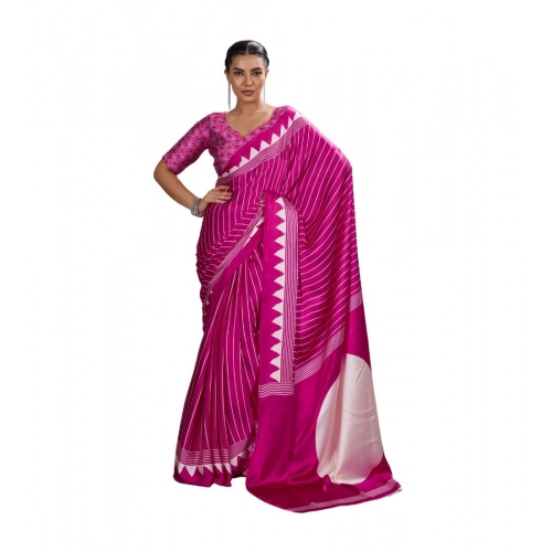 Generic Women's Satin Crepe Printed Saree With Unstitched Blouse 5.5Mtr (Pink)