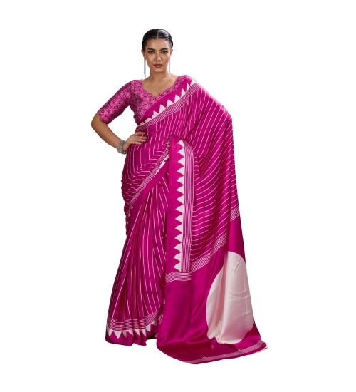 Generic Women's Satin Crepe Printed Saree With Unstitched Blouse 5.5Mtr (Pink)