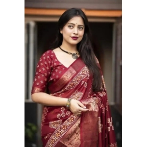Generic Women's Cotton Silk Printed Saree With Unstitched Blouse 5.5Mtr (Maroon)