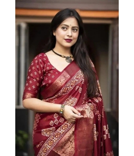 Generic Women's Cotton Silk Printed Saree With Unstitched Blouse 5.5Mtr (Maroon)