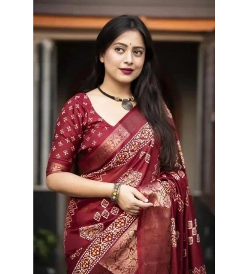 Generic Women's Cotton Silk Printed Saree With Unstitched Blouse 5.5Mtr (Maroon)
