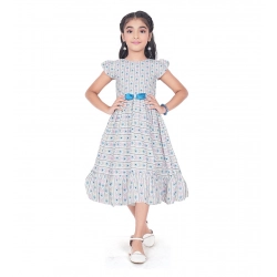 Generic Girl's Twill Printed Short Sleeve Round Neck Dress (Grey)