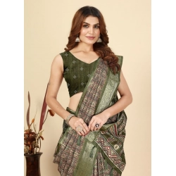 Generic Women's Cotton Blend Printed Saree With Unstitched Blouse 5.5Mtr (Green)