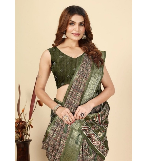Generic Women's Cotton Blend Printed Saree With Unstitched Blouse 5.5Mtr (Green)