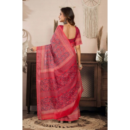 Generic Women's Faux Linen Geometric Print Ready to wear Saree With Unstitched Blouse 5.5Mtr (Red) Generic Women's Faux Linen Geometric Print Ready to wear Saree With Unstitched Blouse 5.5Mtr (Red)