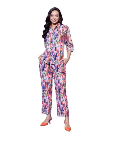 Generic Women's Polyester Floral 3-4th Sleeve Co-Ord Set (Multicolor)