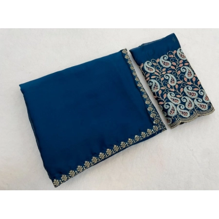Generic Women's Chiffon Embroidered Saree With Unstitched Blouse 5.5Mtr (Teal)