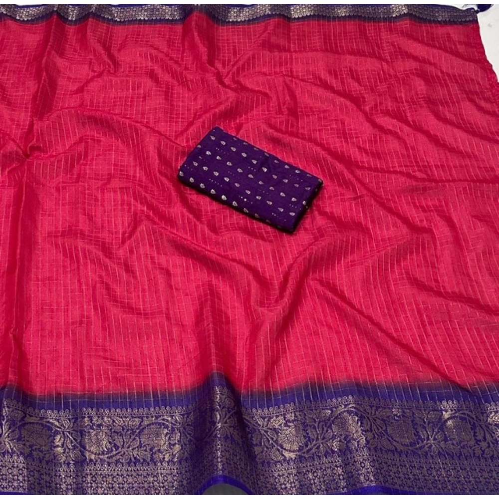 Women's Cotton Blend Checkered Saree With Unstitched Blouse 5.5Mtr (Pink)