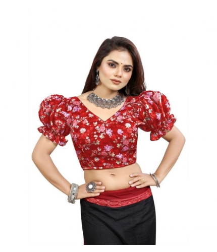 Generic Women's Organza Printed V Neck Puff Sleeve Readymade Blouse (Red 38 , Alterable up to 42)-PID65871
