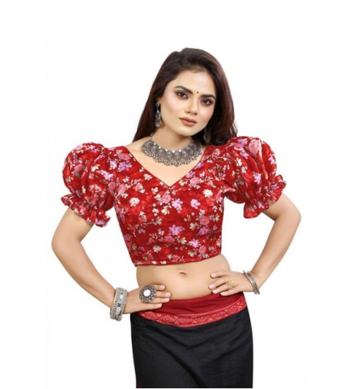 Generic Women's Organza Printed V Neck Puff Sleeve Readymade Blouse (Red 38 , Alterable up to 42)-PID65871 Generic Women's Organza Printed V Neck Puff Sleeve Readymade Blouse (Red 38 , Alterable up to 42)-PID65871