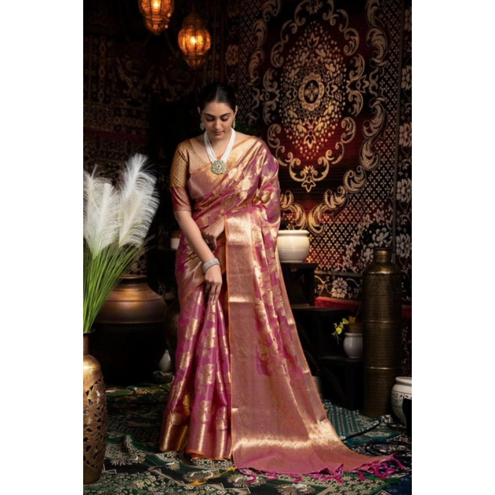 Women's Organza Woven Saree With Unstitched Blouse 5.5Mtr (Purple)