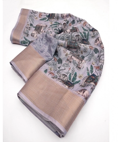 Generic Women's Cotton Silk Printed Saree With Unstitched Blouse 5.5Mtr (Grey)
