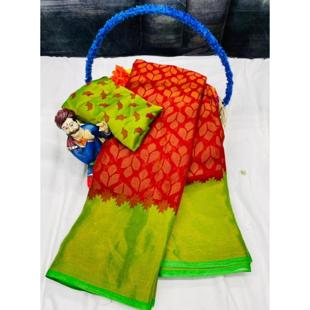 Generic Women's Brasso Printed Saree With Unstitched Blouse 5.5Mtr (Red)