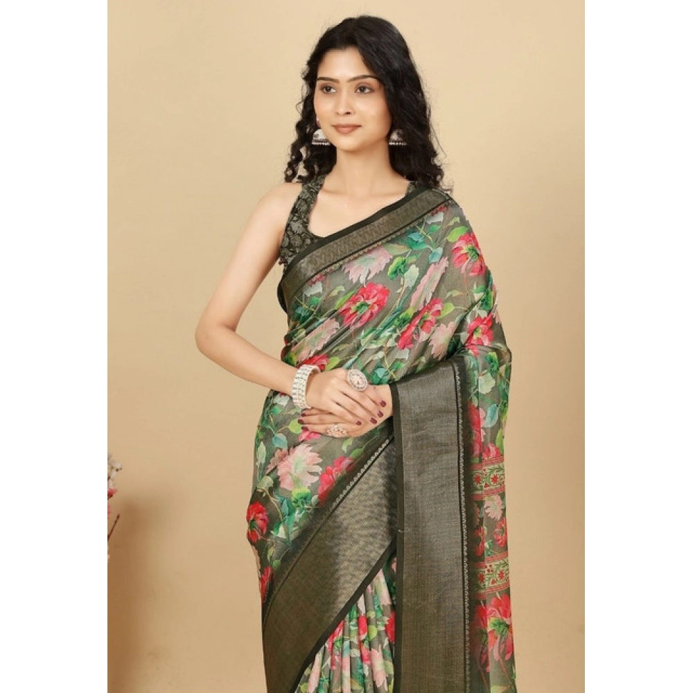 Women’s Cotton Silk Floral Printed Saree With Unstitched Blouse 5.5Mtr (Grey)