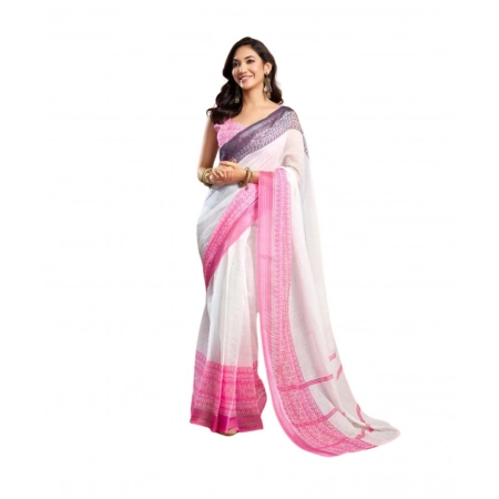 Generic Women's Faux_Linen Printed Ready-to-Wear Saree With Unstitched Blouse 5.5 Mtr (Off_White)