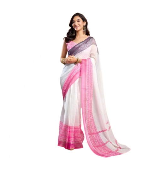 Generic Women's Faux_Linen Printed Ready-to-Wear Saree With Unstitched Blouse 5.5 Mtr (Off_White)