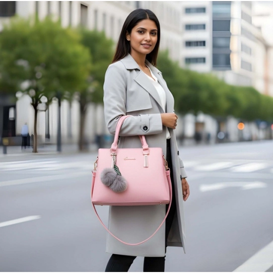 Women's PU Leather Solid Shoulder Zipper Handbag (Pink)