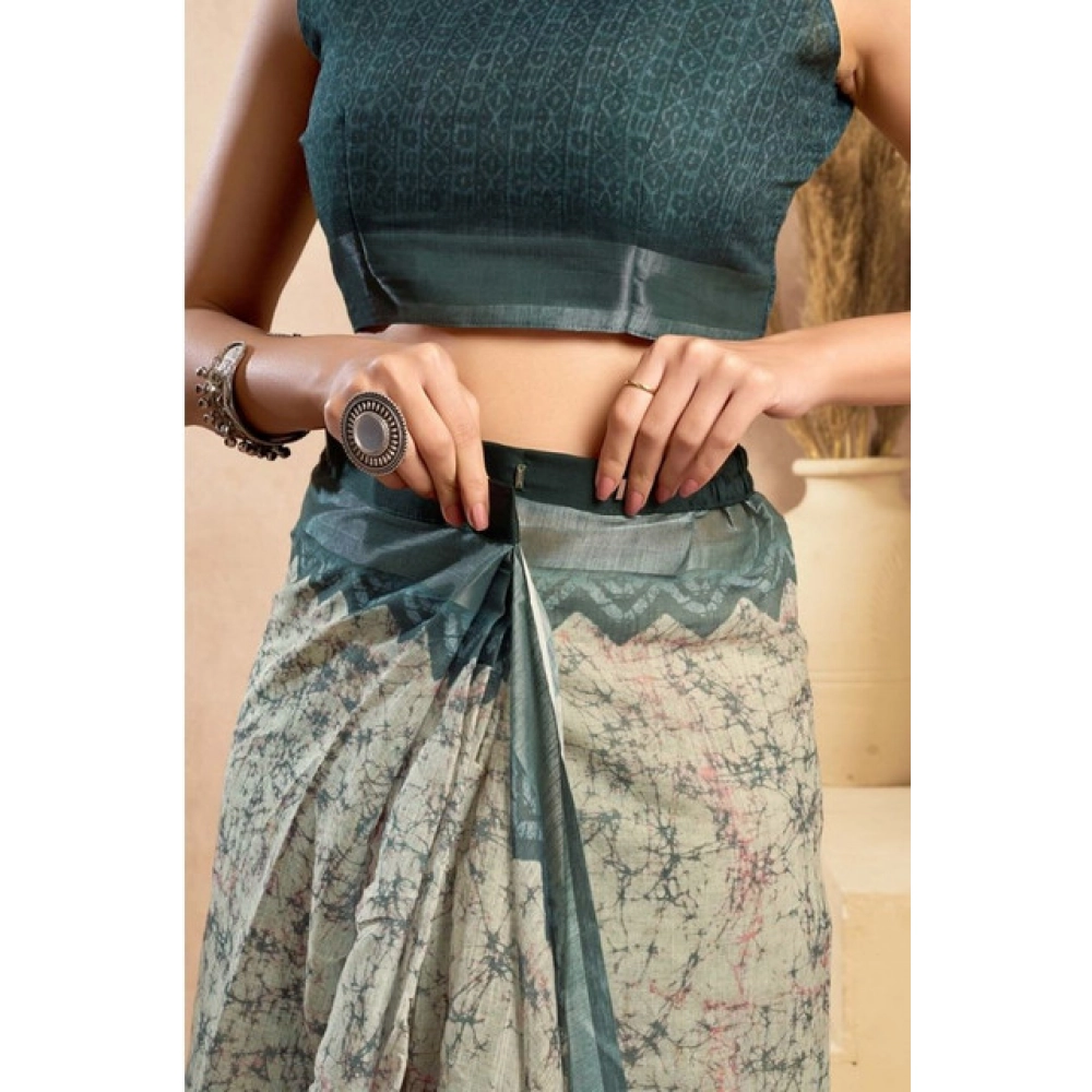 Generic Women's Faux_Linen Printed Ready-to-Wear Saree With Unstitched Blouse 5.5 Mtr (Light_Grey)