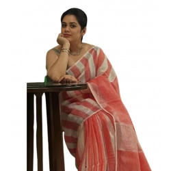Generic Women's Linen Printed Saree With Unstitched Blouse 5.5Mtr (Multicolor)
