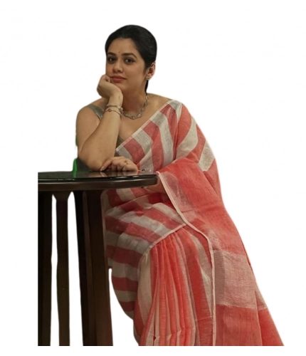 Generic Women's Linen Printed Saree With Unstitched Blouse 5.5Mtr (Multicolor)
