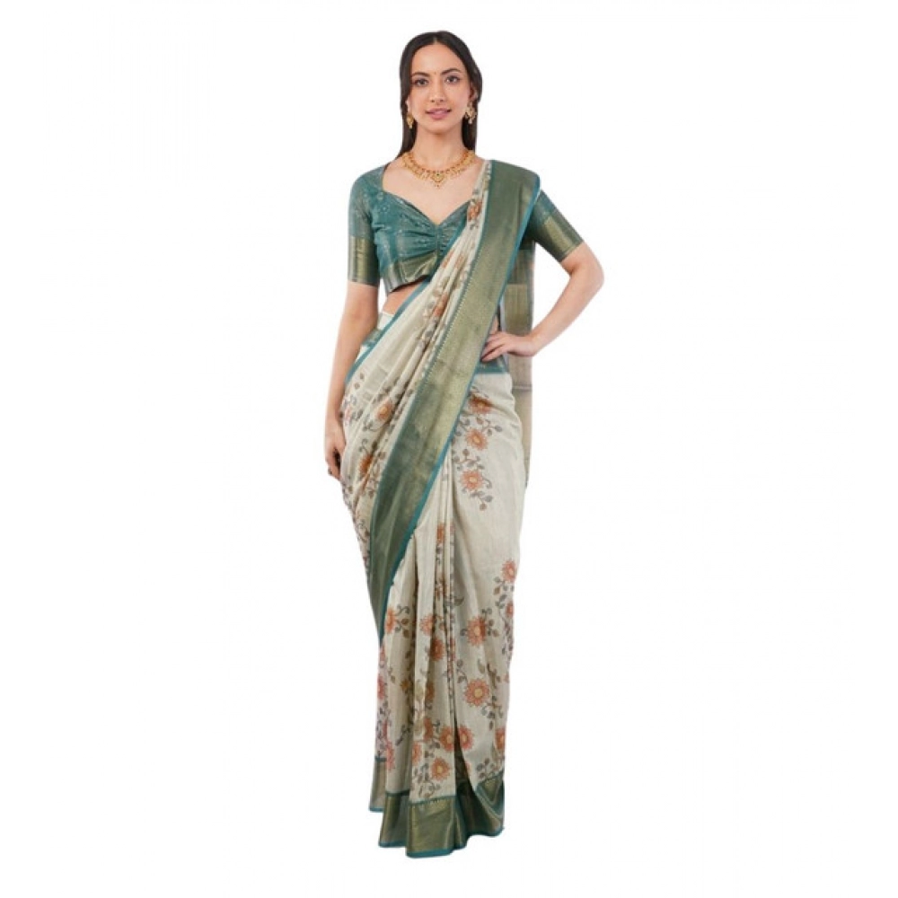 Women's Polyester Printed Ready To Wear Saree With Unstitched Blouse 5.5 Mtr (Beige)