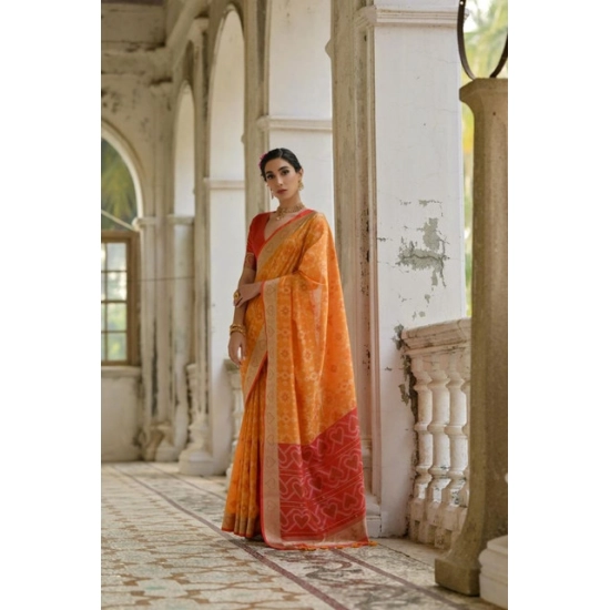 Generic Women's Silk_Blend Ethnic Ikat Pattern Saree With Unstitched Blouse 5.5Mtr (Mustard)