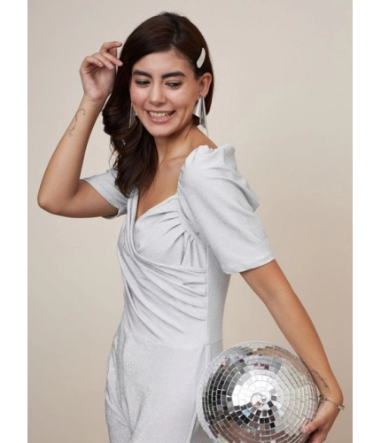 Generic Women's Polyester Shimmer Self Design Short Sleeve Jumpsuit (Silver)