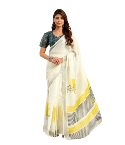 Generic Women's Faux Linen Floral Print Ready to wear Saree With Unstitched Blouse 5.5Mtr (Off_White)