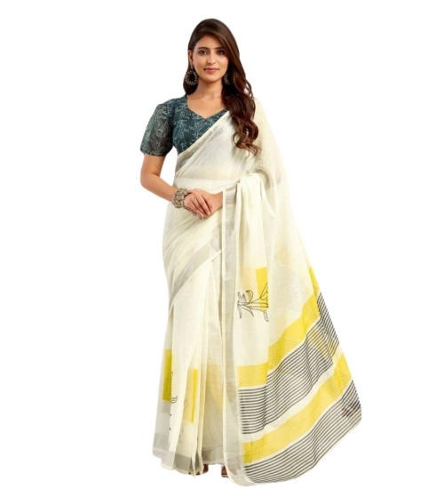 Generic Women's Faux Linen Floral Print Ready to wear Saree With Unstitched Blouse 5.5Mtr (Off_White) Generic Women's Faux Linen Floral Print Ready to wear Saree With Unstitched Blouse 5.5Mtr (Off_White)