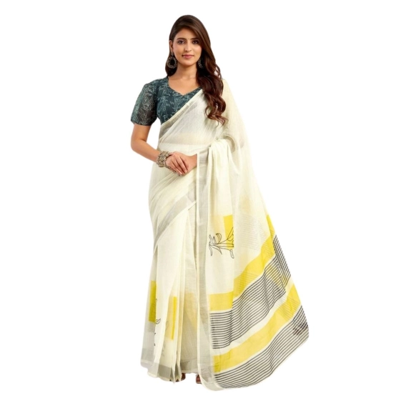 Generic Women's Faux Linen Floral Print Ready to wear Saree With Unstitched Blouse 5.5Mtr (Off_White)