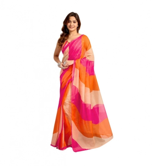 Generic Women's Linen Cotton Printed Ready To Wear Saree With Unstitched Blouse 5.5 Mtr (Multicolor)