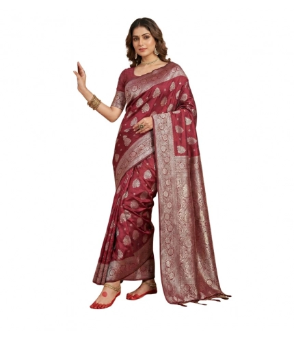 Generic Women's Silk Blend Printed Saree With Unstitched Blouse 5.5Mtr (Maroon)