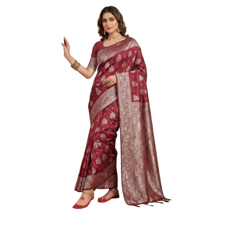 Generic Women's Silk Blend Printed Saree With Unstitched Blouse 5.5Mtr (Maroon)