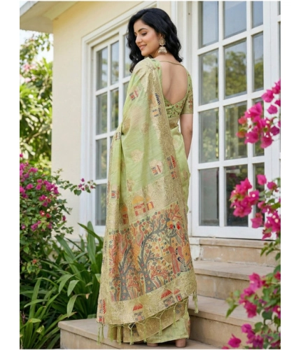 Generic Women's Linen Cotton Printed Saree With Unstitched Blouse 5.5Mtr (Light Green)