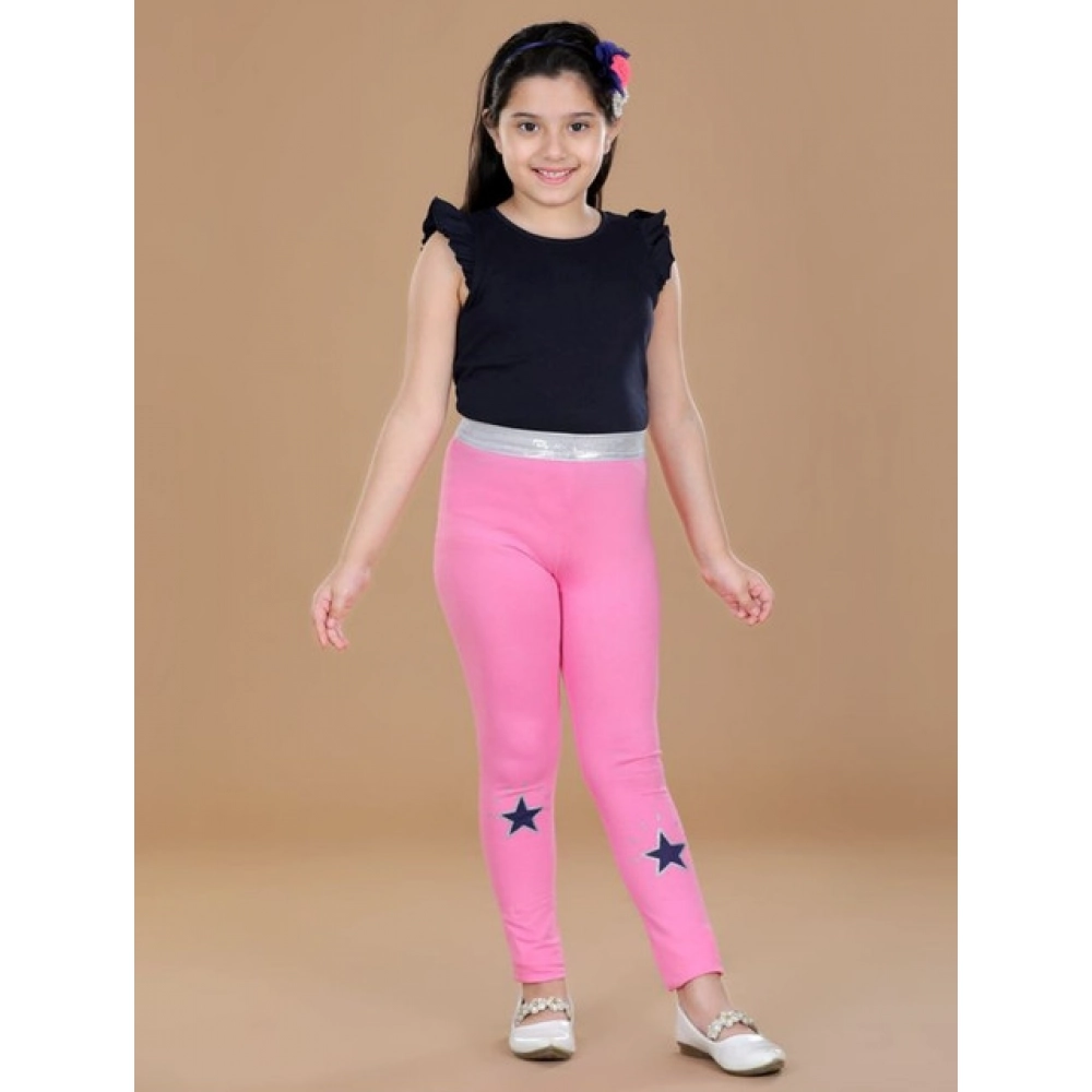 Girl's Cotton Lycra Star Print Elasticated Leggings (Pink)