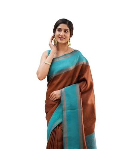 Generic Women's Soft Lichi Silk Printed Saree With Unstitched Blouse 5.5Mtr (Brown)