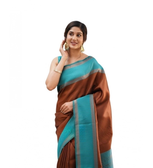 Generic Women's Soft Lichi Silk Printed Saree With Unstitched Blouse 5.5Mtr (Brown)