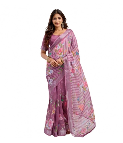 Generic Women's Faux Linen Floral Print Ready to wear Saree With Unstitched Blouse 5.5Mtr (Pink)