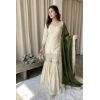 Generic Women's Silk Embroidered 3/4th Sleeve V-Neck Kurti With Sharara Pant and Dupatta Set (Cream &amp; Green)